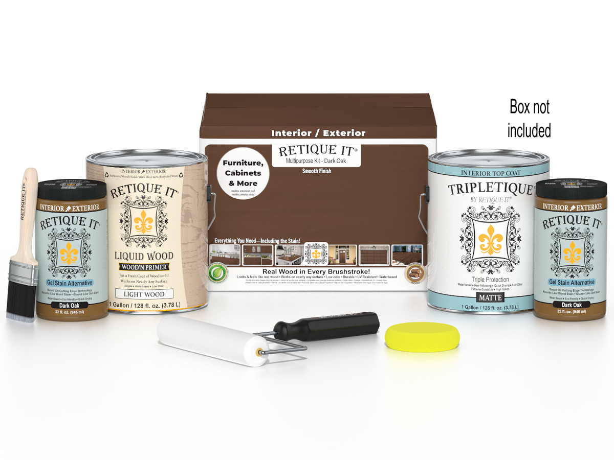 Retique It® Multi-purpose Smooth Finish Kit in Dark Oak for interior wood projects, includes four large top coat bottles.
