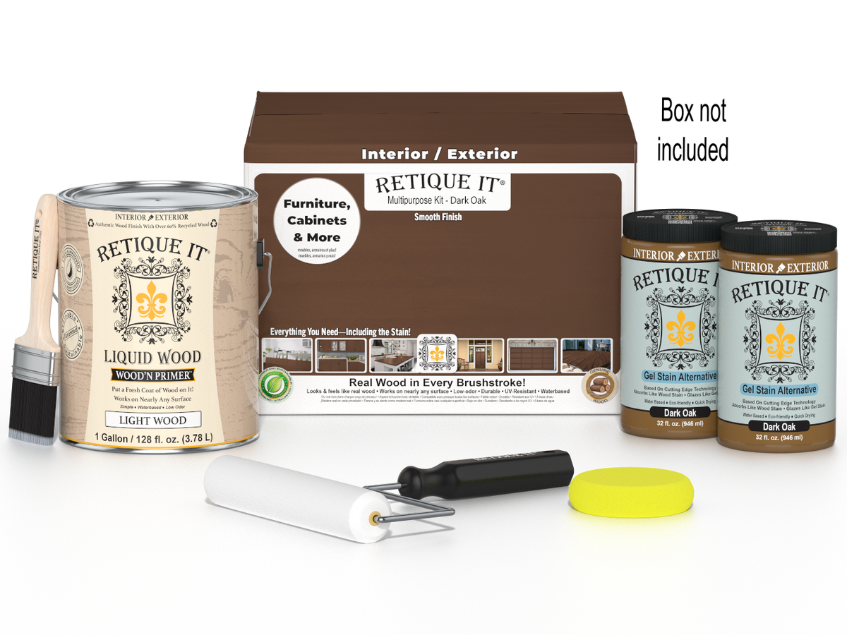Retique It® Multi-purpose Smooth Wood'n Finish Kit in Dark Oak, large size, with wood finishing tools and product box visible.