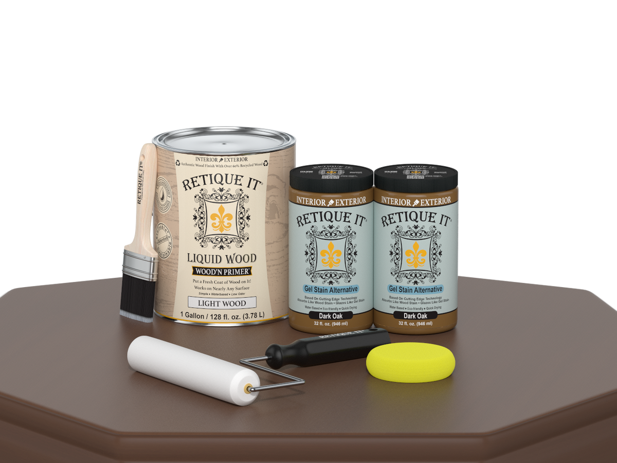 Retique It® Multi-purpose Smooth Wood'n Finish Kit in Dark Oak, includes four large wood finishing bottles, shown on a table.