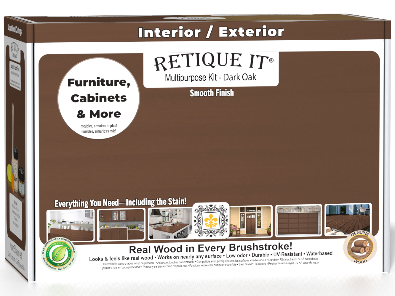 Retique It® Dark Oak Multi-purpose Smooth Finish Kit for exterior wood, includes satin top coat and application tools.