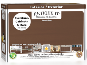 Retique It® Dark Oak Multi-purpose Smooth Finish Kit for exterior wood, includes satin top coat and application tools.