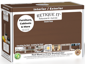 Retique It® Multi-purpose Smooth Finish Kit (Med) in Dark Oak for exterior wood projects, includes top coat in satin finish.