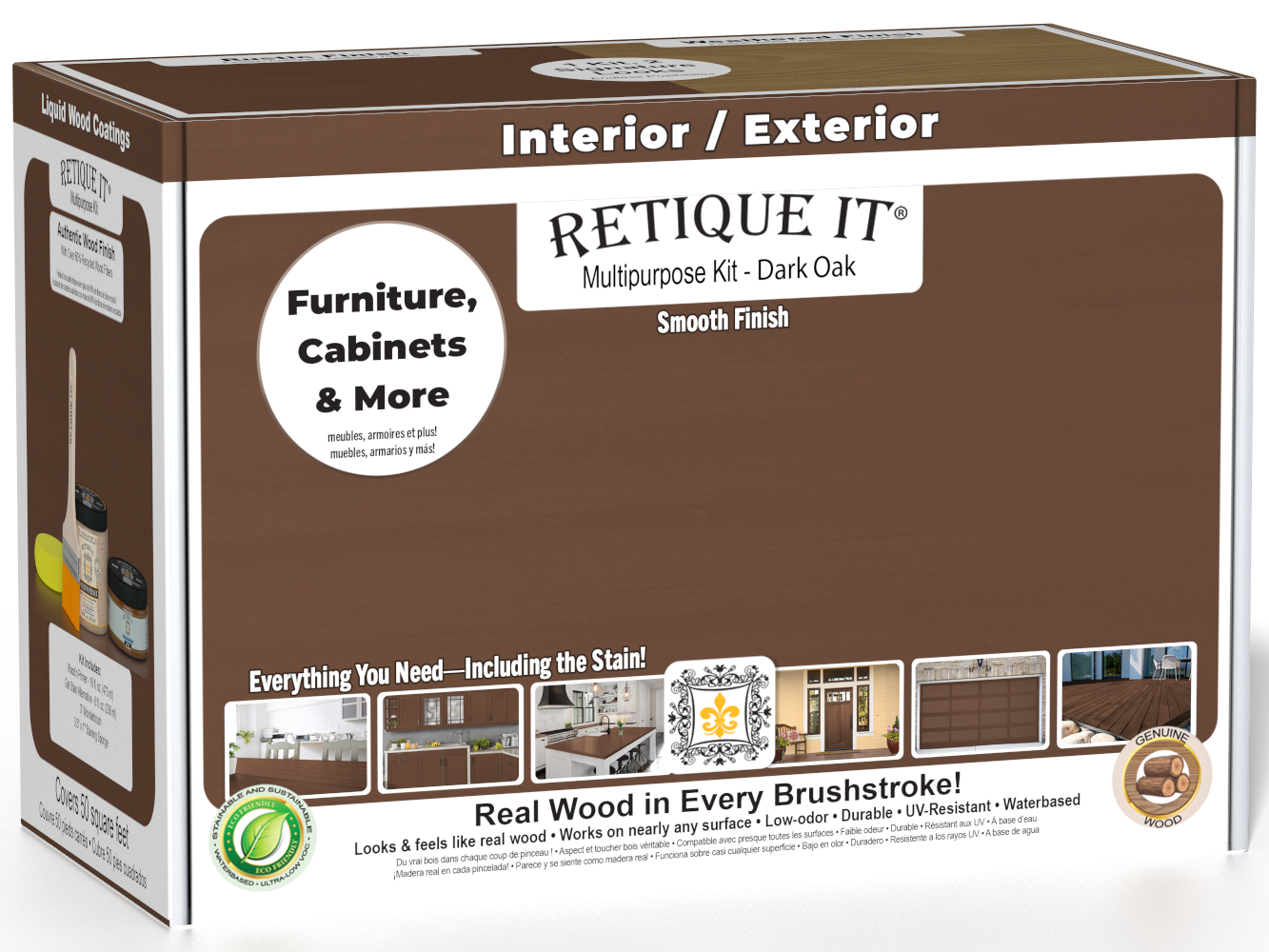 Retique It® Multi-purpose Smooth Finish Kit in Dark Oak for interior top coat, featuring a matte wood finish and application tools.