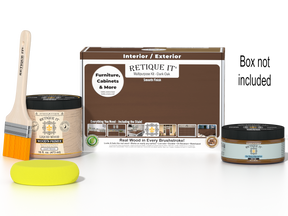 Retique It® Multi-purpose Smooth Finish Kit in Dark Oak for wood finishing, includes application tools and sample wood piece.