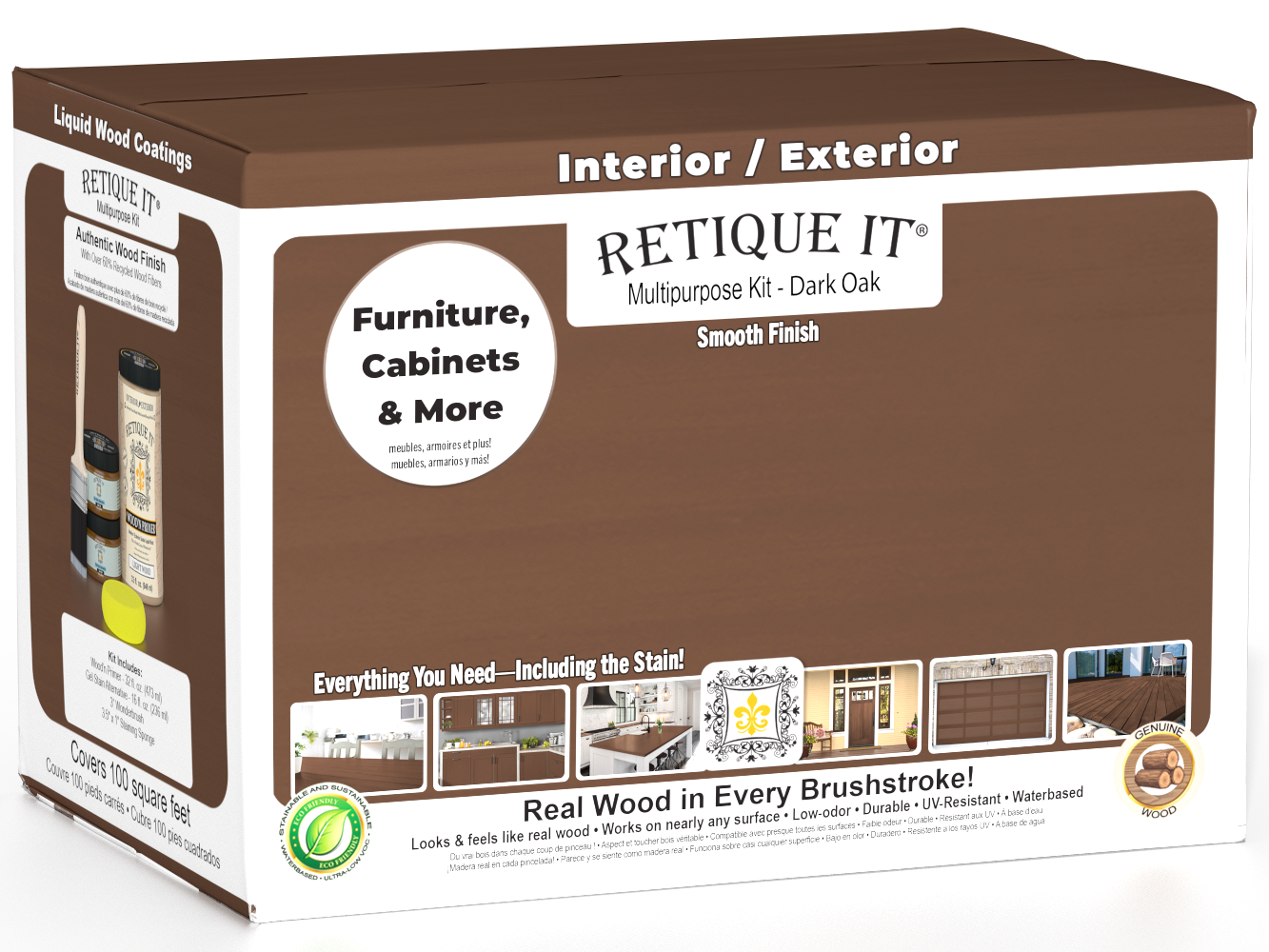 Large dark oak wood finish kit with exterior top coat and matte finish from Retique It® Wood'n Finish Kits, smooth surface.