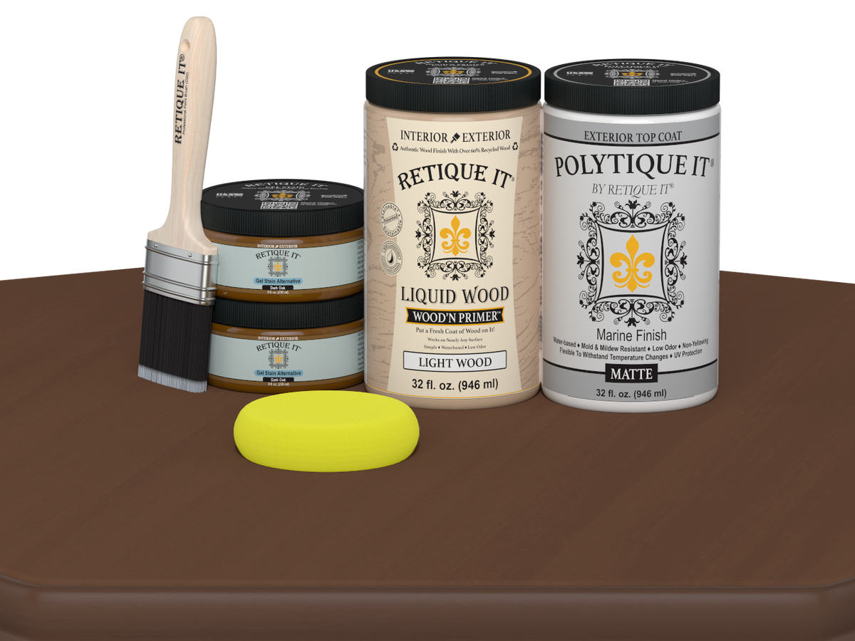 Large Dark Oak exterior wood finish kit with smooth matte top coat from Retique It® Wood'n Finish Kits for multi-purpose use.
