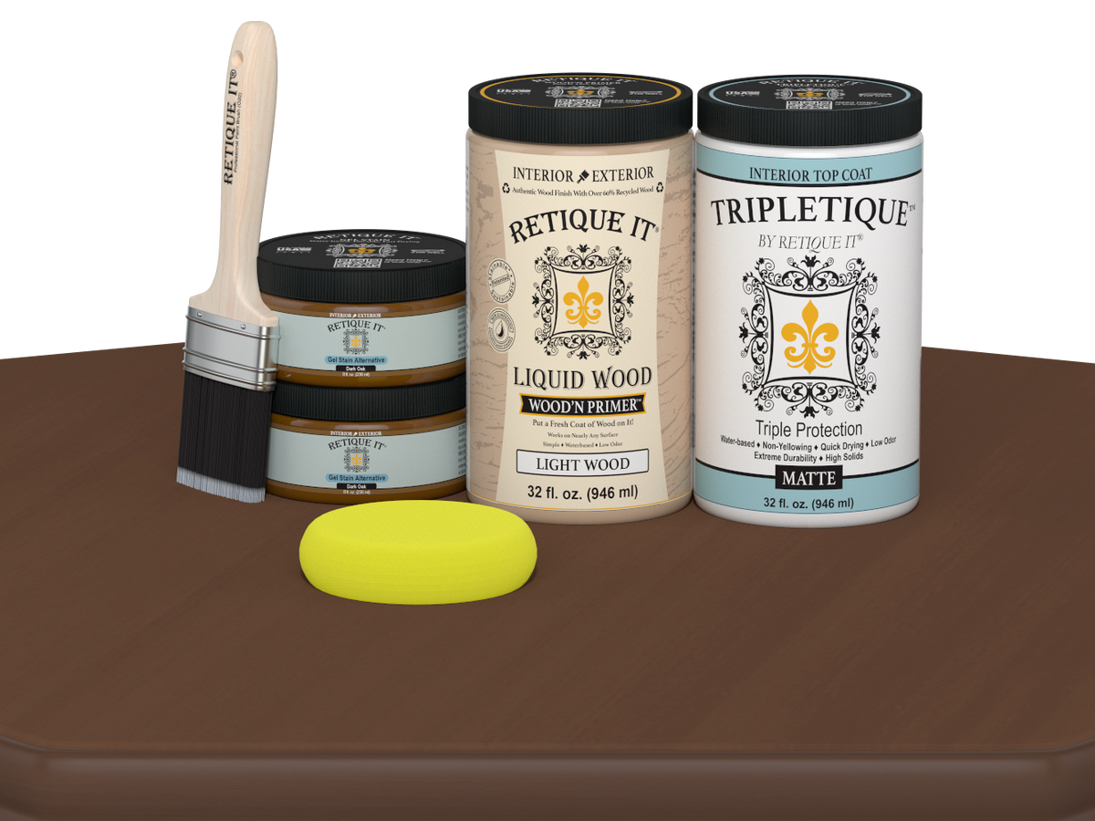 Large Dark Oak Multi-purpose Smooth Finish Kit by Retique It® for interior wood projects, includes top coat and application tools.