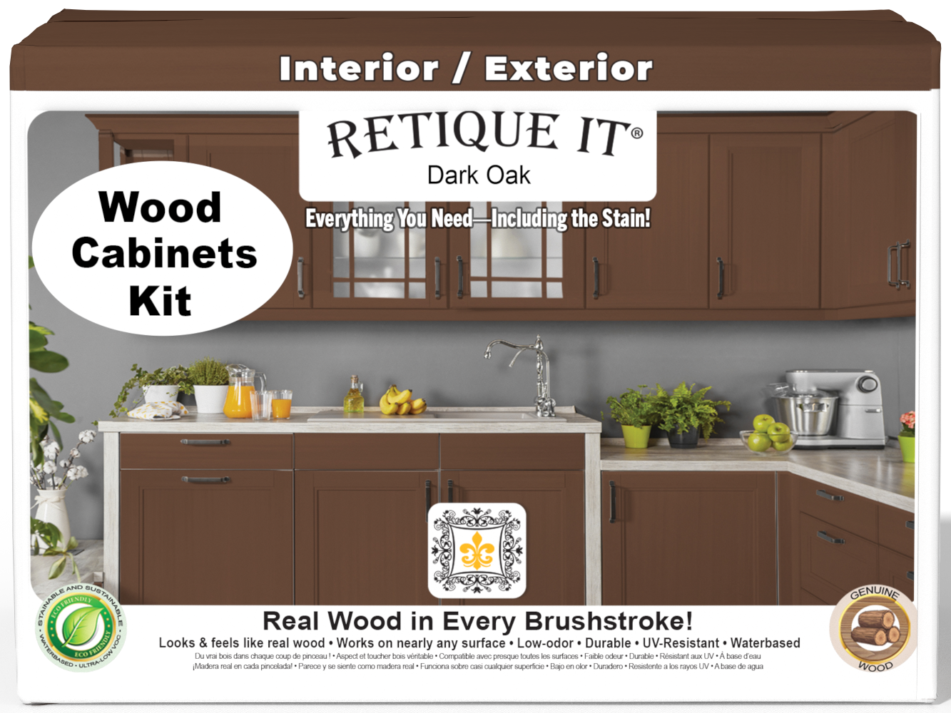 Dark oak Wood'n Cabinet Kit with 24 smooth doors from Retique It®, showcasing the front view of the stained cabinet doors.