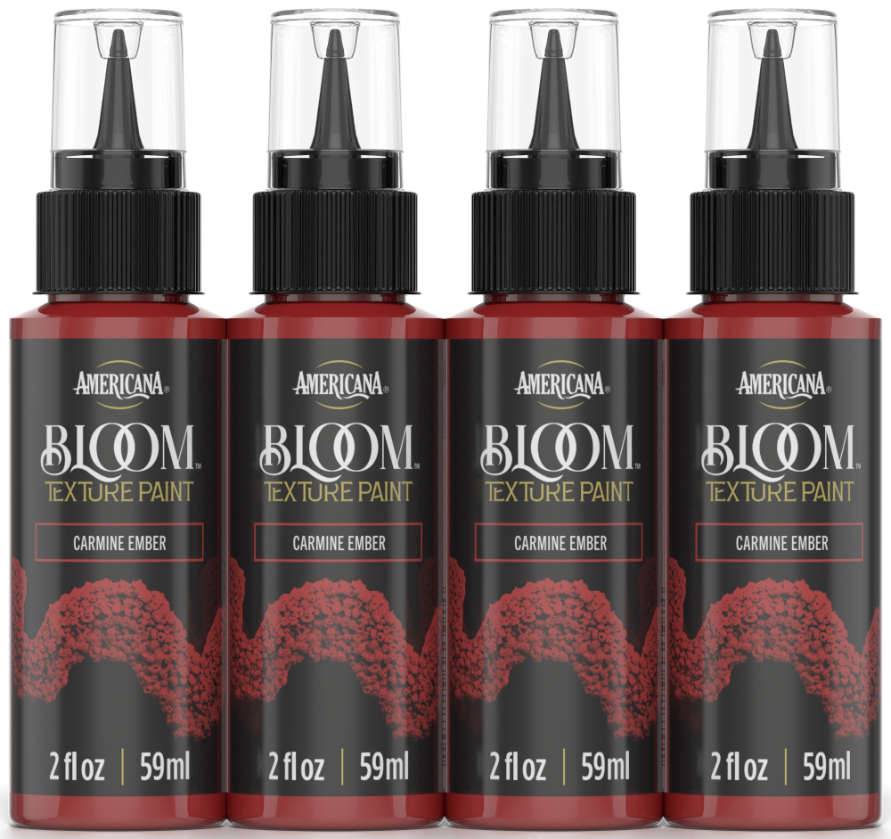 Retique It Bloom Texture Paint 4pk in Carmine Ember, showcasing textured paint bottles with vibrant reddish-orange shades.