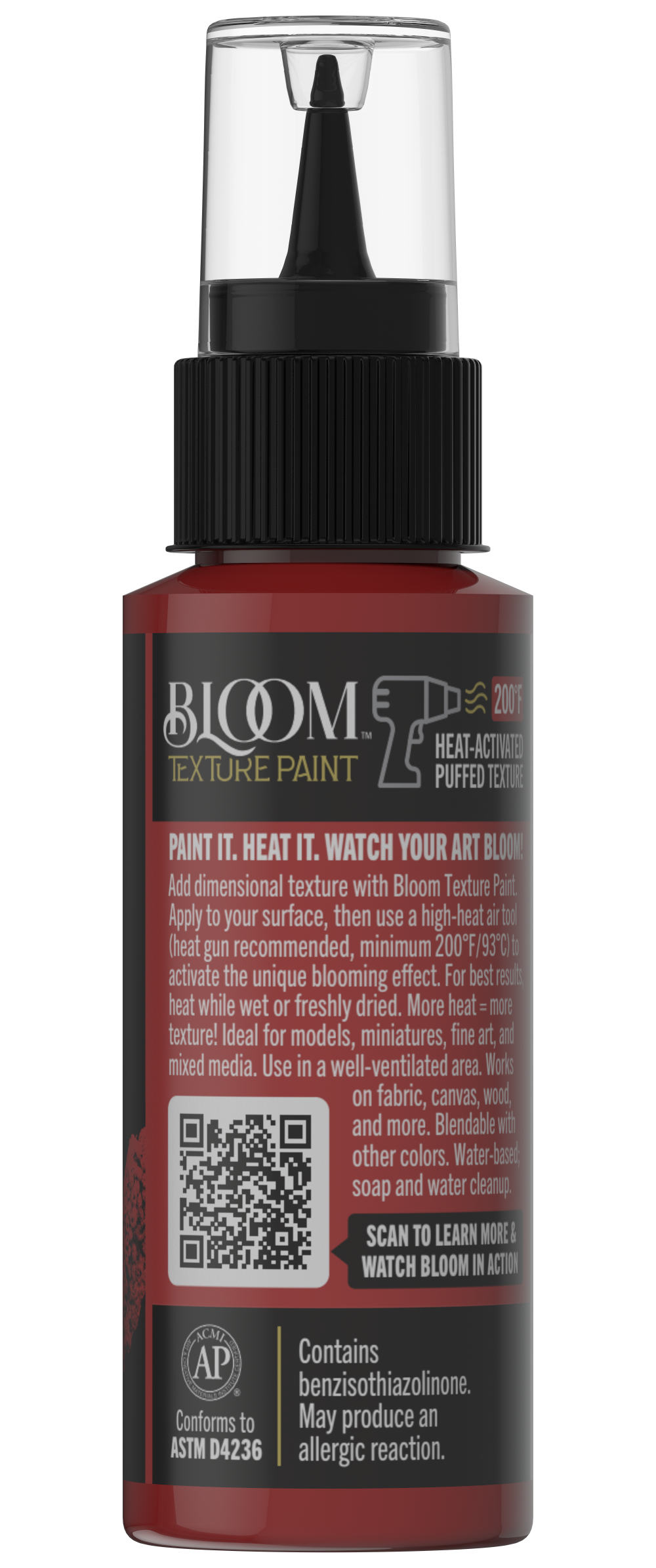 Retique It® Bloom Texture Paint 4-pack in Carmine Ember, showing textured paint cans with vibrant reddish-orange finish.