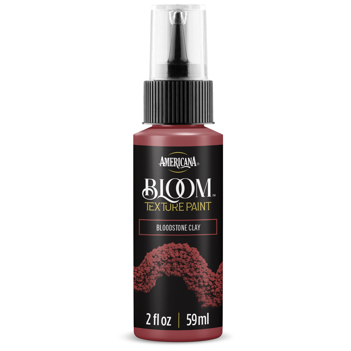 DecoArt Bloom Texture Paint in Bloodstone Clay, showing a jar of rich, earthy-colored textured paint with a smooth finish.