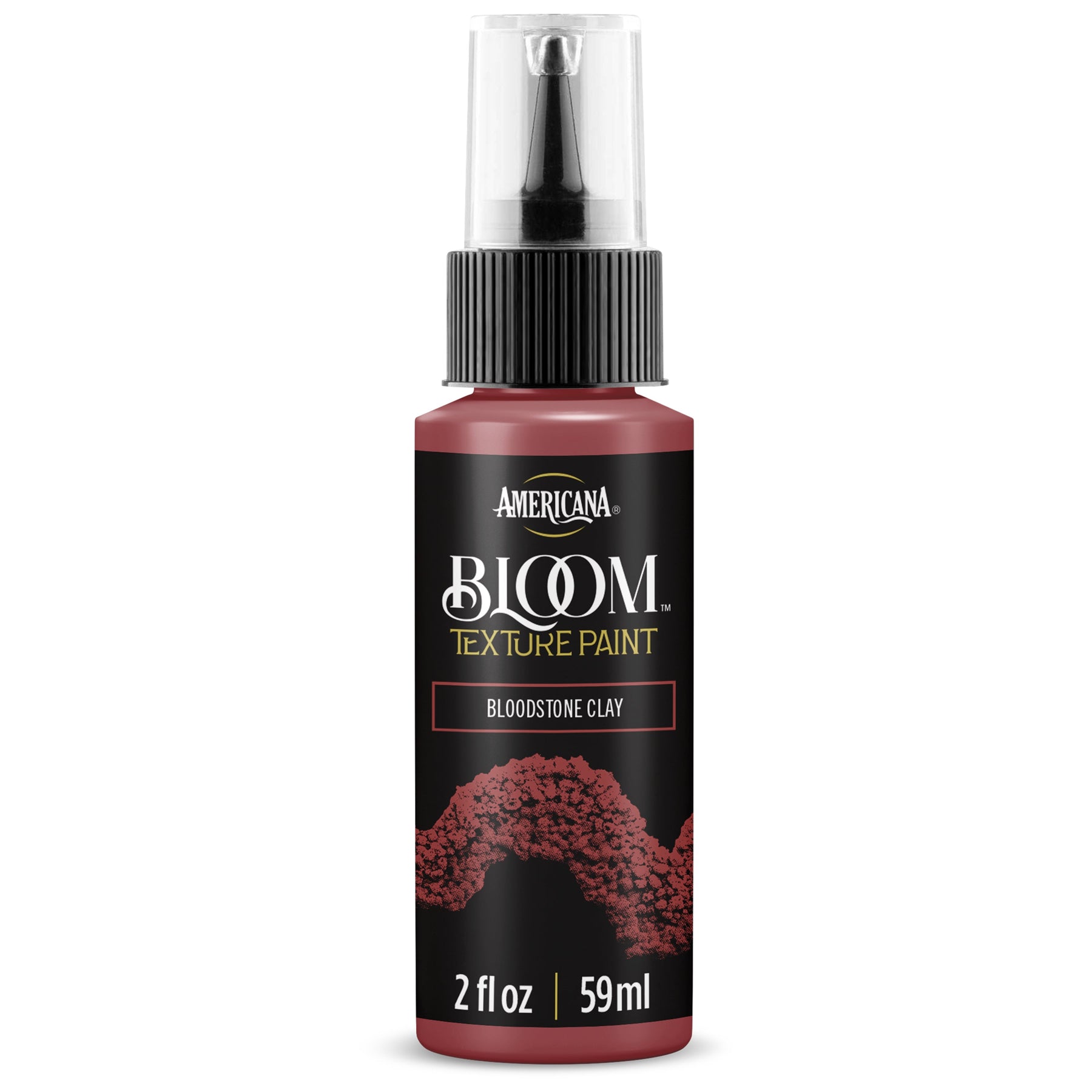 DecoArt Bloom Texture Paint in Bloodstone Clay, showing a jar of rich, earthy-colored textured paint with a smooth finish.