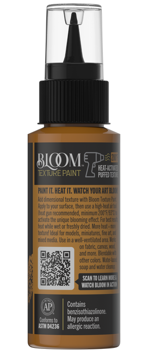 Retique It® Bloom Texture Paint 4-pack in Burnished Earth, showing textured paint cans and sample swatches on a surface.