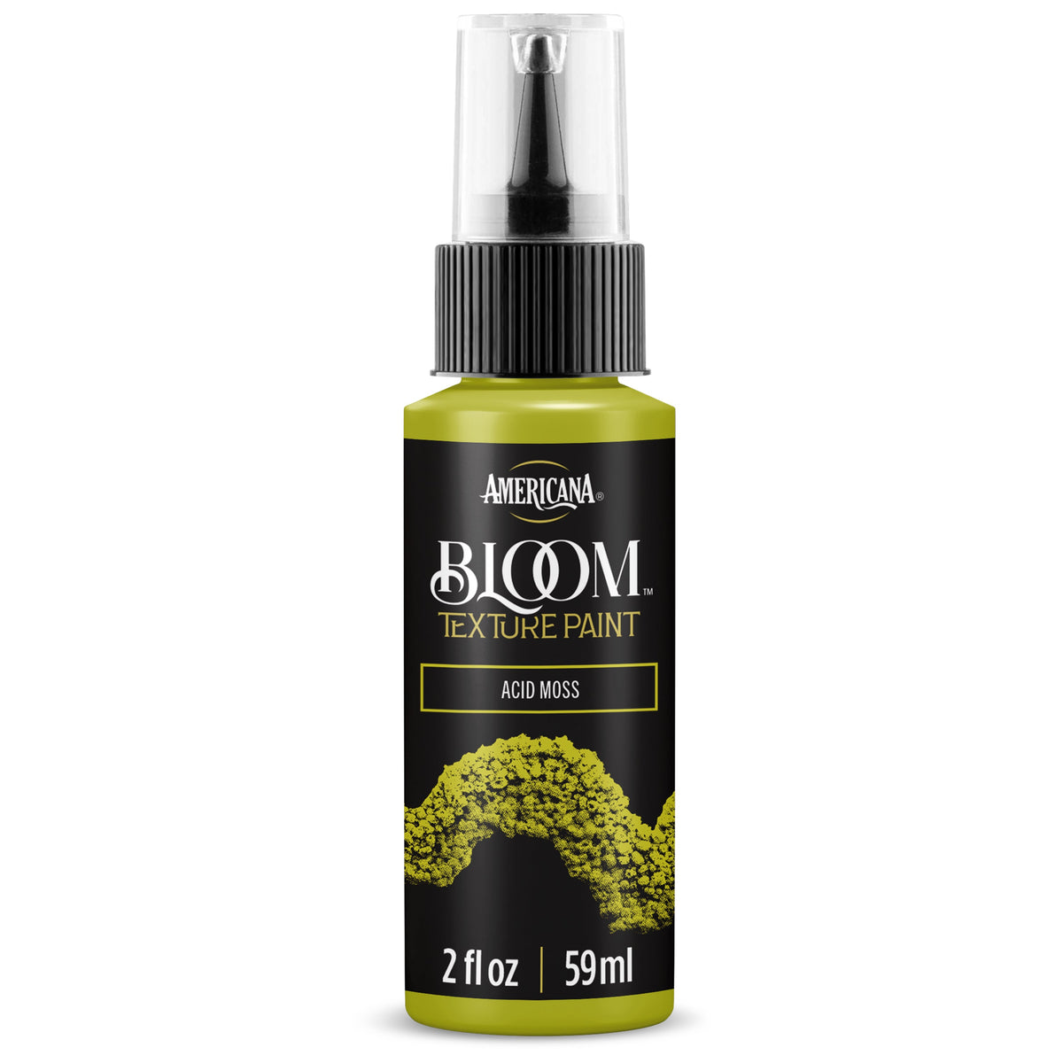 DecoArt Bloom Texture Paint in Acid Moss, showcasing textured green moss-like finish on a surface for artistic crafts.