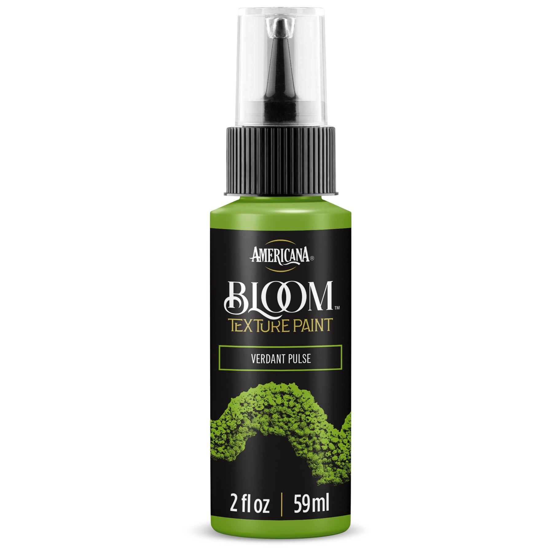 DecoArt Bloom Texture Paint in Verdant Pulse, vibrant green textured paint swatch with a floral pattern, showcasing artistic surface detail.