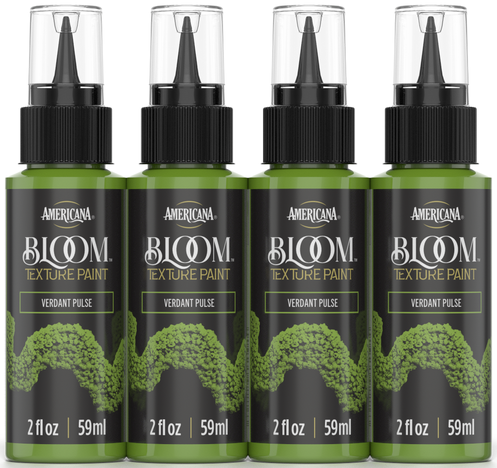 Retique It® Bloom Texture Paint 4-pack in Verdant Pulse with textured finish, shown in a close-up of the colorful paint containers.