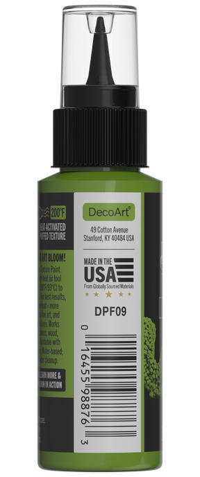 Retique It® Bloom Texture Paint 4-pack in Verdant Pulse, showing textured paint cans with vibrant green finish and artistic background.