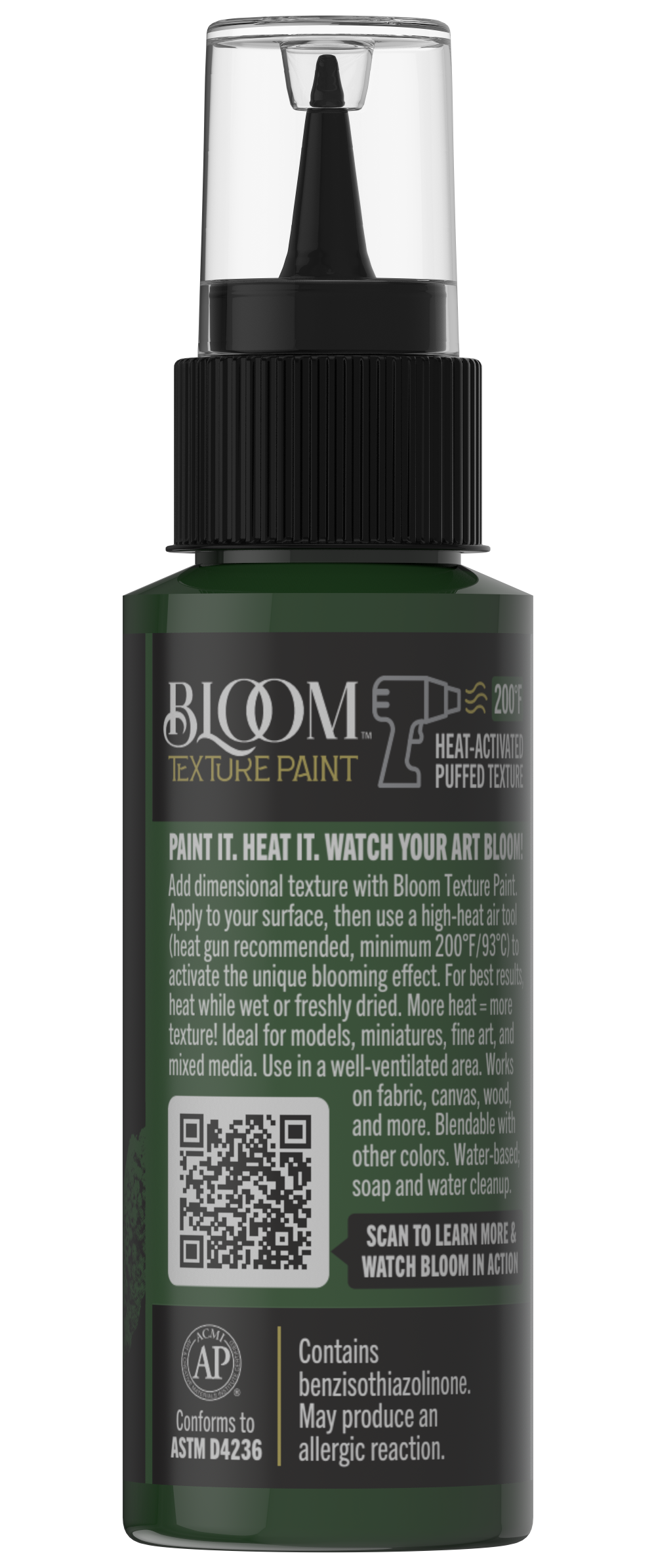 Retique It® Bloom Texture Paint 4-pack in Emerald Forest, showing textured paint cans and sample wall with emerald green finish.