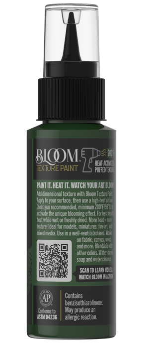 Retique It® Bloom Texture Paint 4-pack in Emerald Forest, showing textured paint cans and sample wall with emerald green finish.