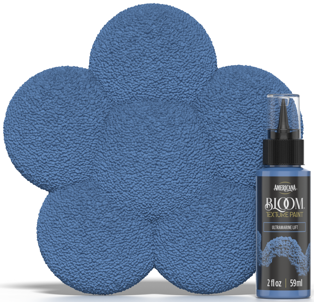Retique It® Bloom Texture Paint 4pk in Ultramarine Lift, showing vibrant blue textured paint swatches with application details
