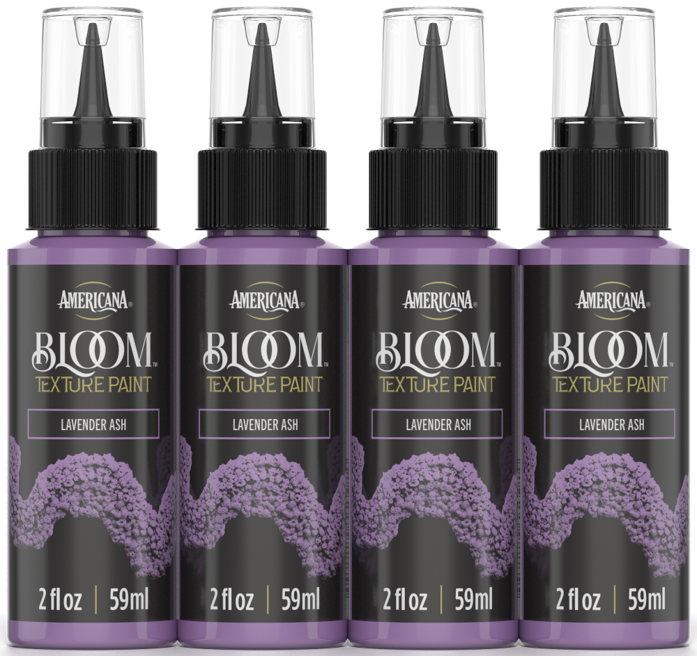 Retique It® Bloom Texture Paint 4-pack in Lavender Ash, showing textured paint bottles with lavender and ash tones.