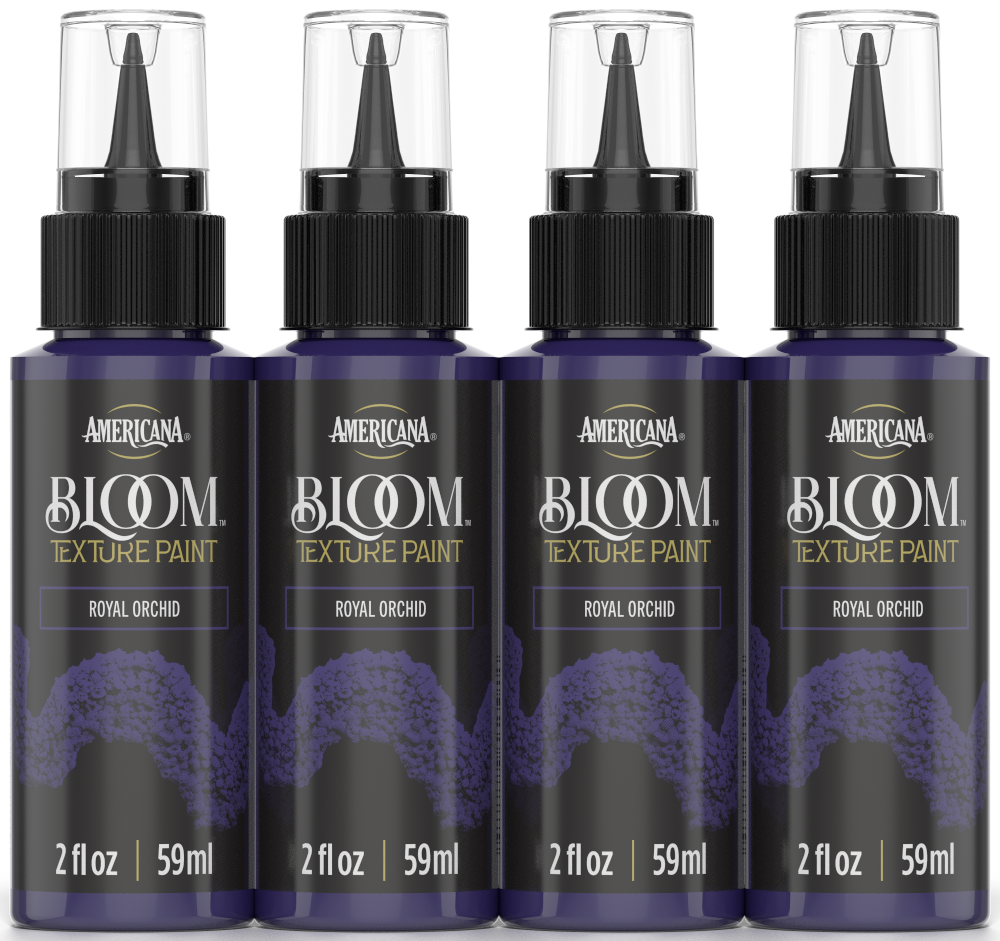 Retique It® Bloom Texture Paint 4-pack in Royal Orchid with textured paint cans displayed front view.