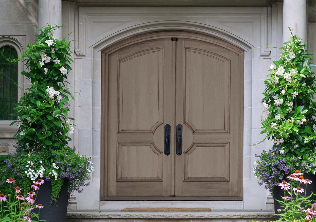 Retique It Multi-purpose Smooth Finish Kit for exterior wood, harbor gray top coat, shown on a double front door.