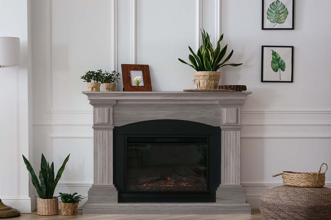 Retique It Wood'n Finish Kit Harbor Gray interior top coat applied to a fireplace, showcasing wood grain and finishing details.