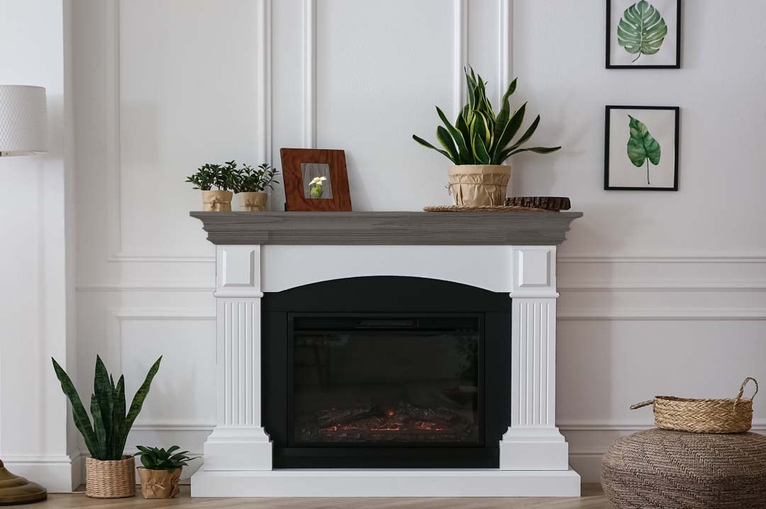 Retique It Wood'n Finish Kit in Harbor Gray applied to a fireplace mantle with a textured, grained wood appearance.