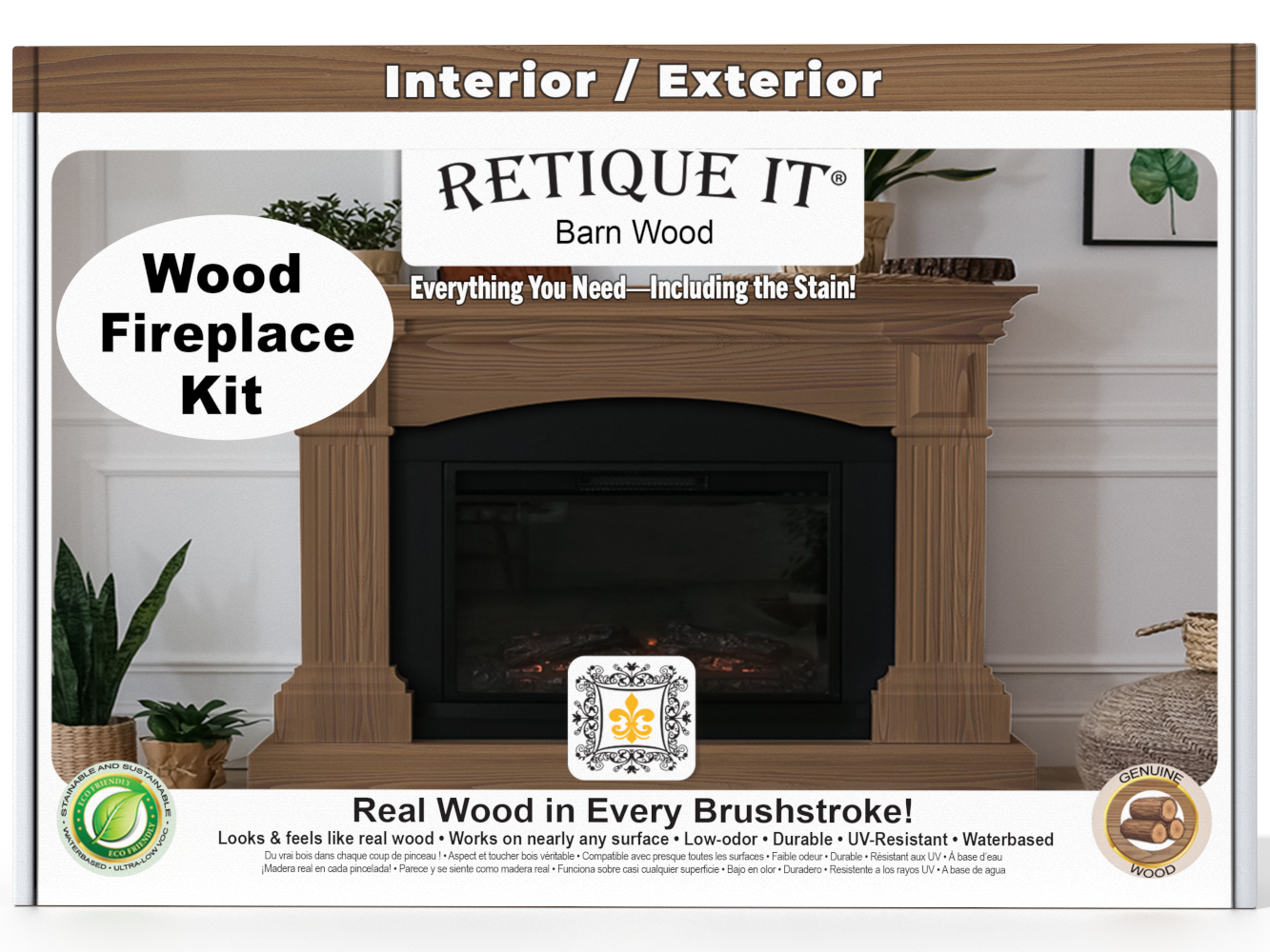 Retique It wood fireplace kit with a finished fireplace in a room setting.