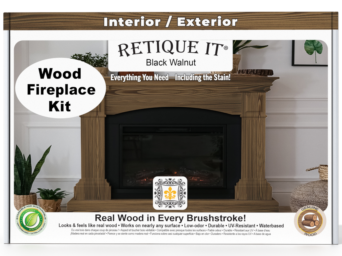 Retique It Wood Fireplace Kit packaging with a fireplace and plants in the background