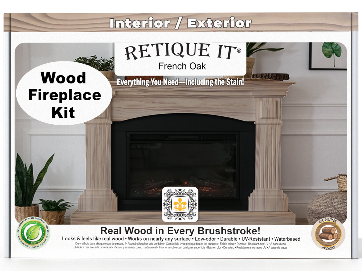 Retique It wood fireplace kit packaging with a fireplace in the background