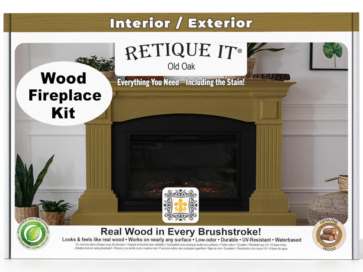 Retique It wood fireplace kit packaging with a fireplace and plants in the background.