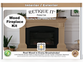 Retique It wood fireplace kit packaging with a fireplace image on a white background