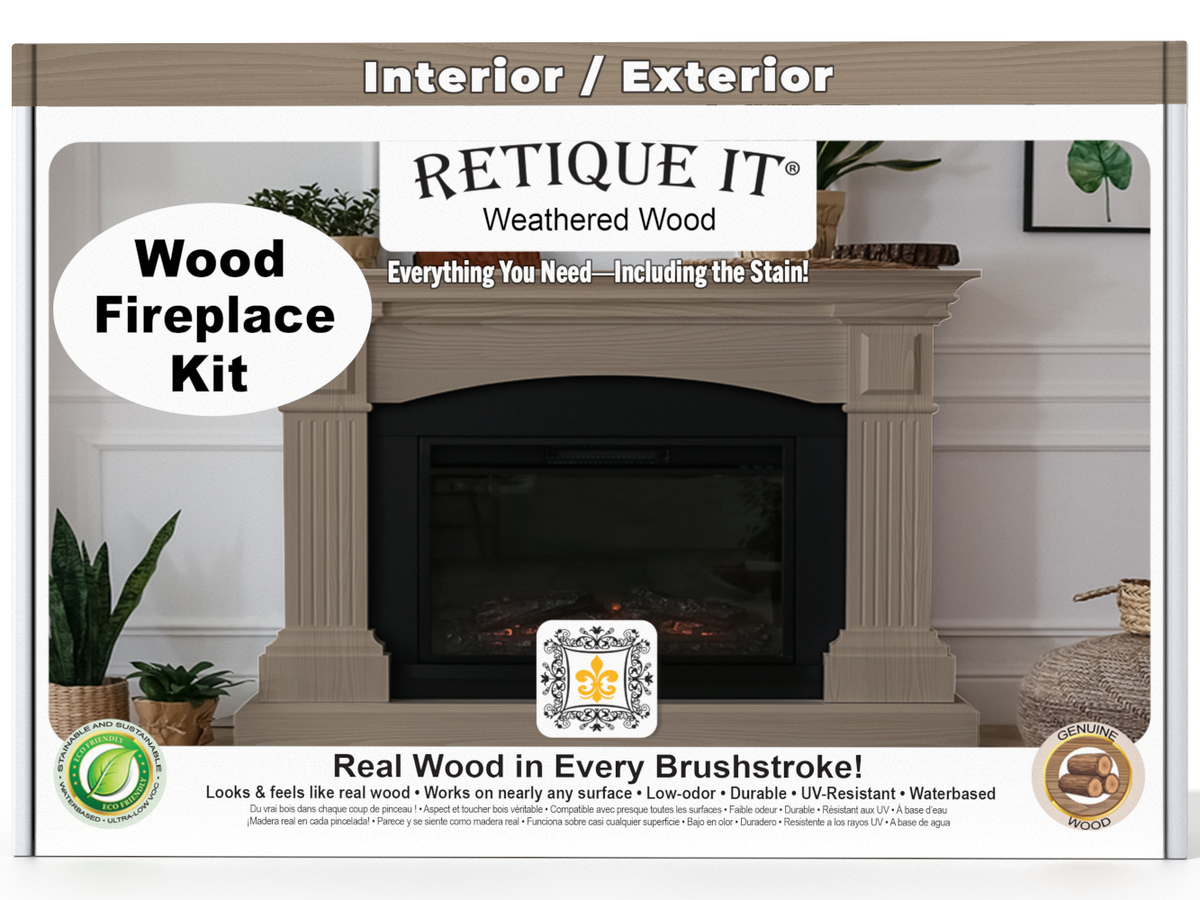Retique It wood fireplace kit packaging with a fireplace and decorative elements.