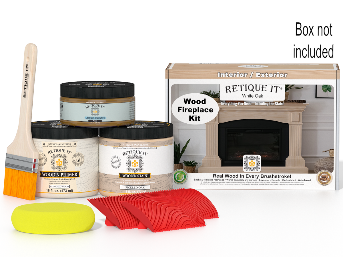 Retique It wood fireplace kit with paint cans, brush, and packaging on a white background