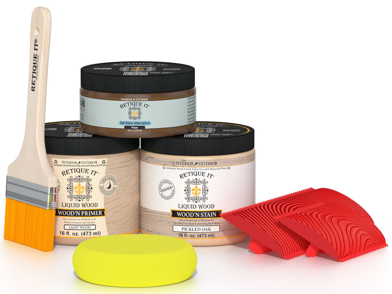 Retique It® Wood'n Kit in Pickled Oak for multi-purpose wood finishing, shown with application tools and sample wood surface.