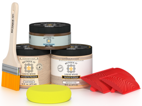 Retique It® Wood'n Kit in Pickled Oak for multi-purpose wood finishing, shown with application tools and sample wood surface.