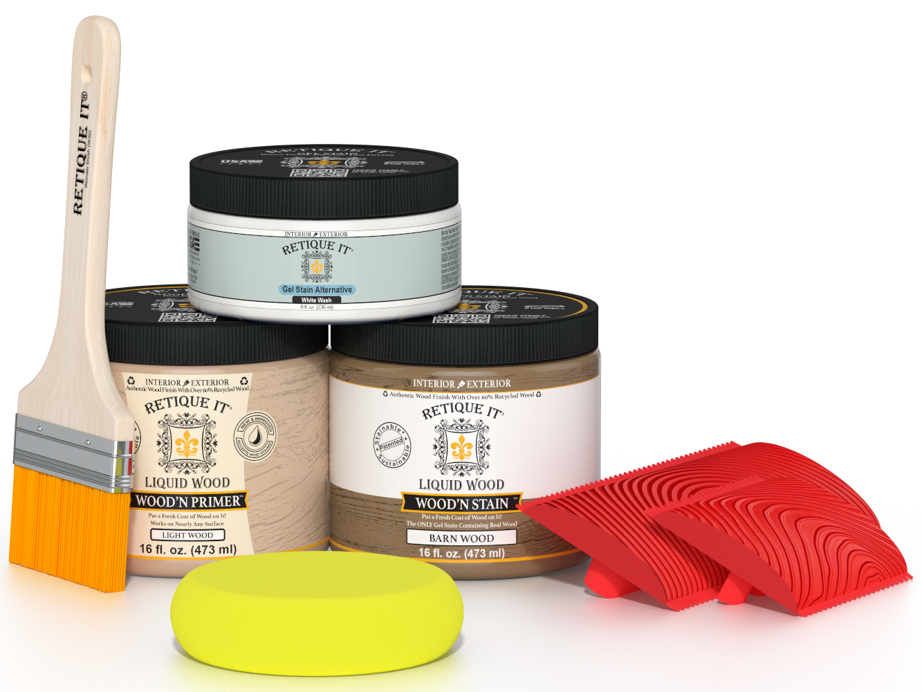 Retique It® Wood'n Finish Kit in French oak for multi-purpose wood finishing, shown in front view with tools and wood sample.