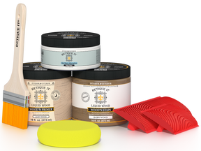 Retique It® Wood'n Finish Kit in French oak for multi-purpose wood finishing, shown in front view with tools and wood sample.