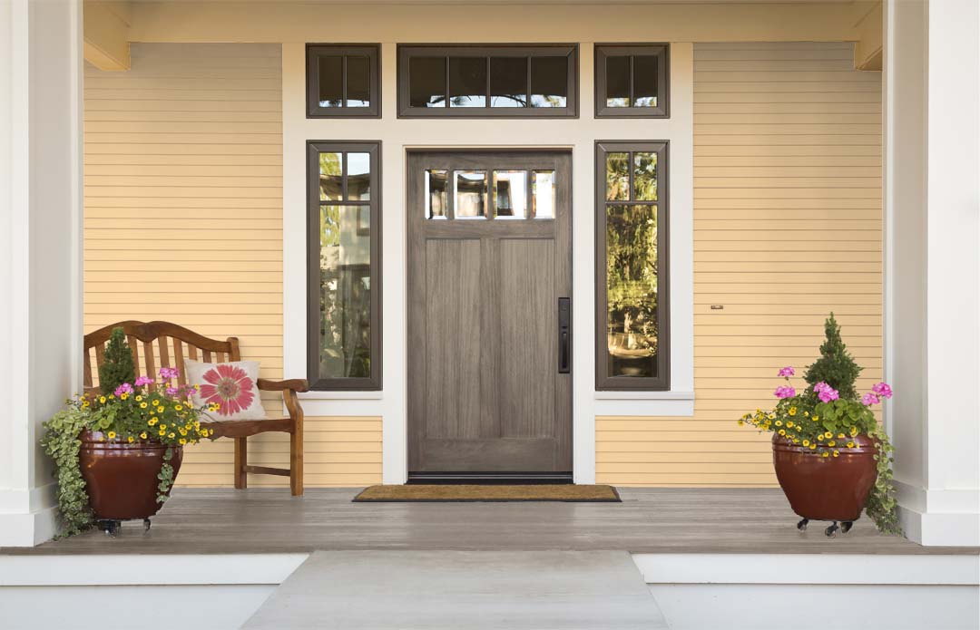 Retique It Multi-purpose Smooth Finish Kit for exterior wood, gray Harbor Gray top coat, shown on a front door.