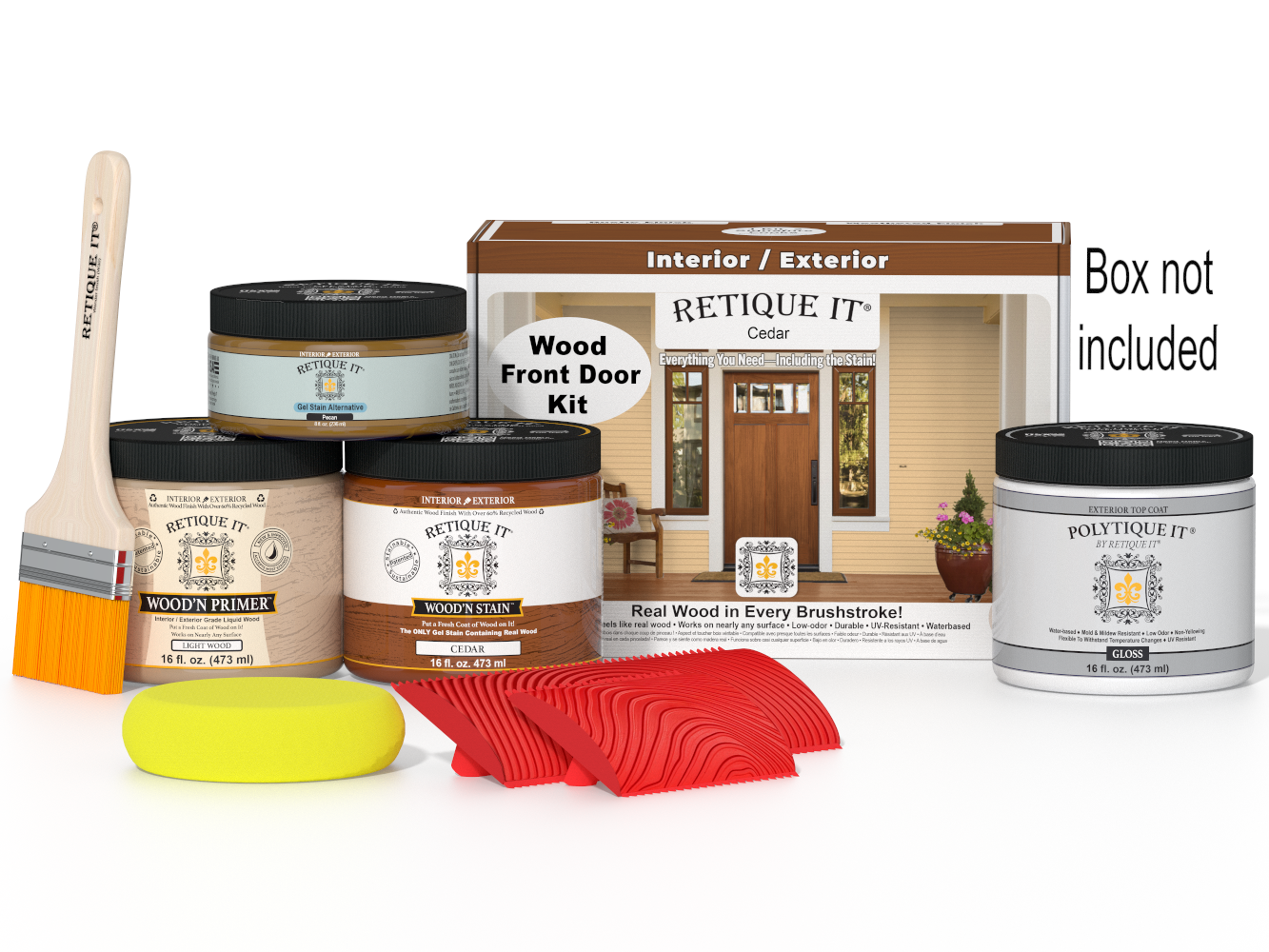 Wooden door painting kit with paint cans, brushes, and tools on a white background