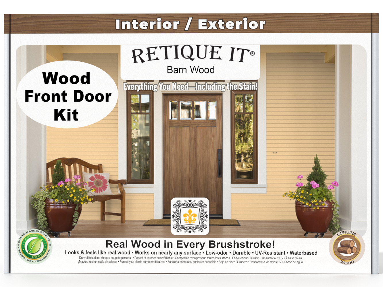 Retique It Wood Front Door Kit packaging with a door and bench in the background
