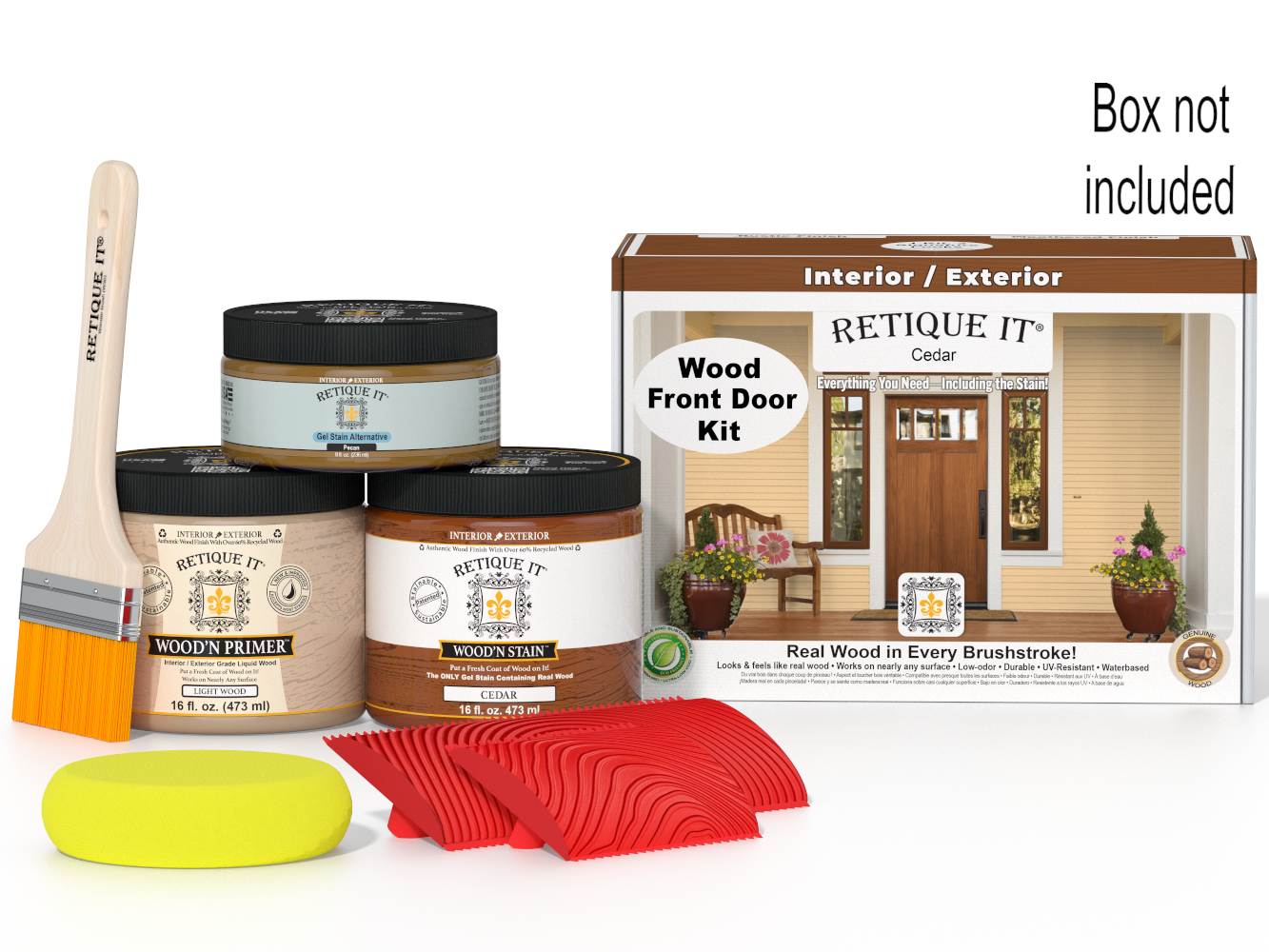 Retique It wood front door kit with paint cans, brush, and packaging on a white background