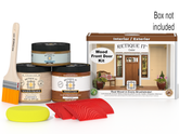 Retique It wood front door kit with paint cans, brush, and packaging on a white background