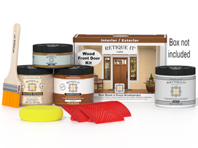 Wood finish kit with paint cans, brush, and sander on a white background