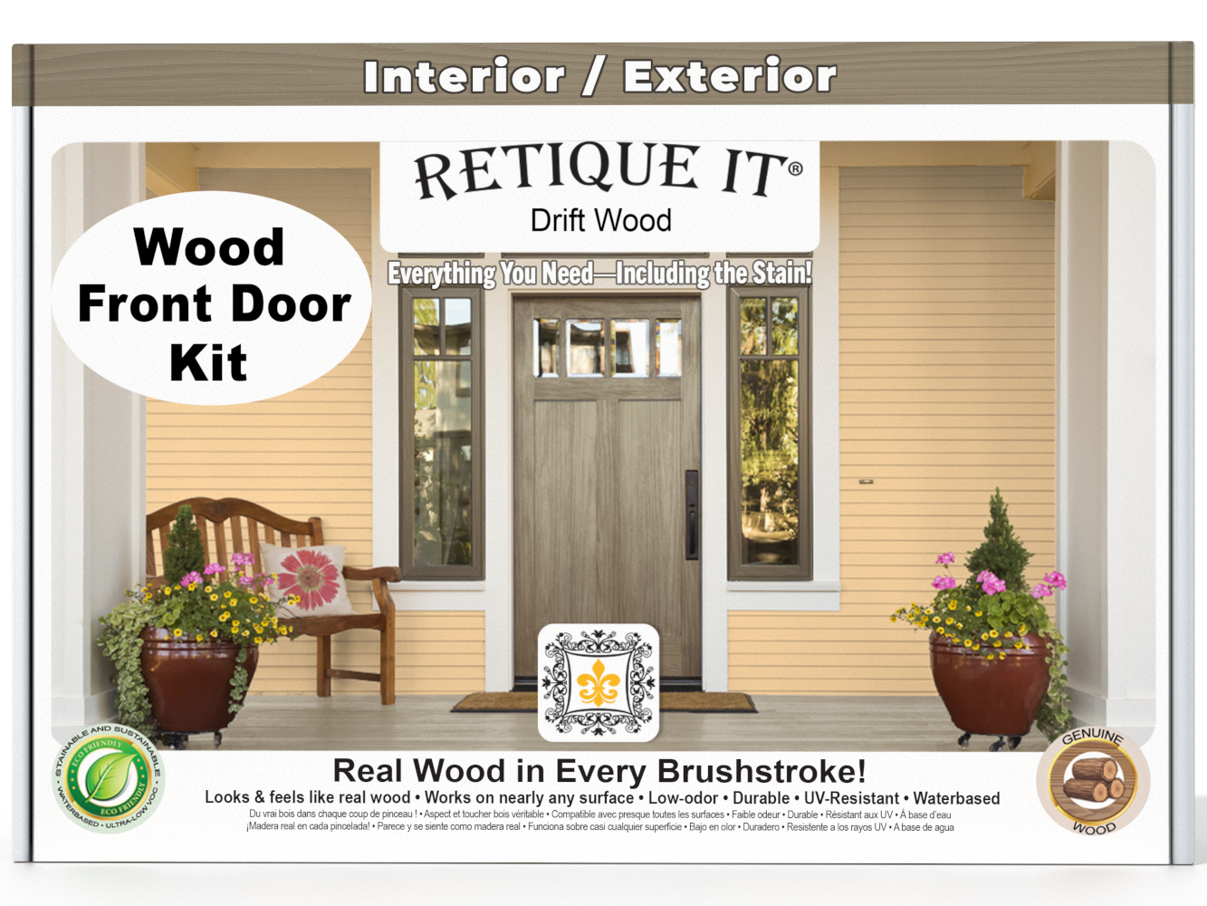 Retique It Wood Front Door Kit packaging with a door and garden scene on a white background