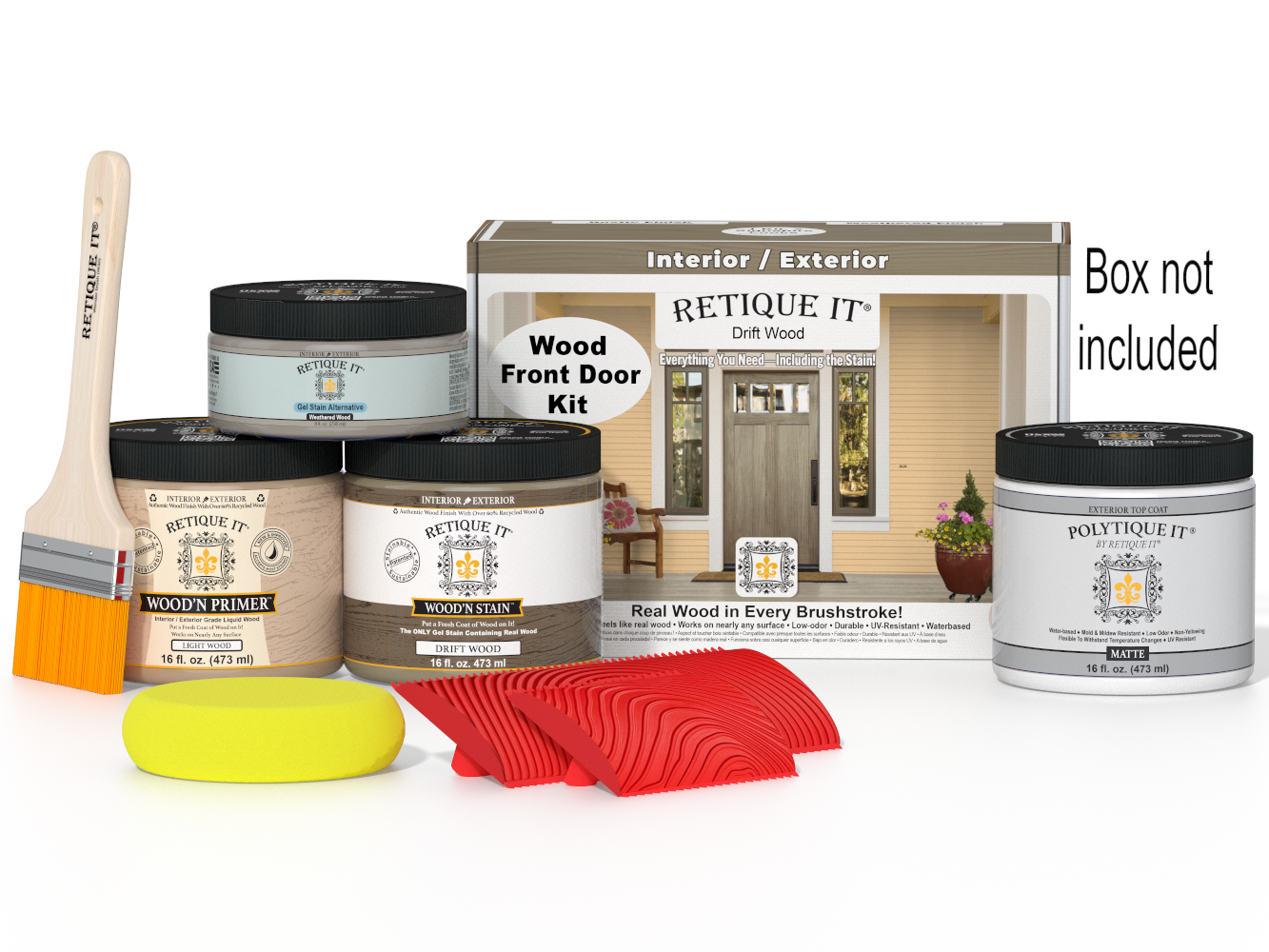 Wooden door refinishing kit with paint cans, brush, and sandpaper on a white background