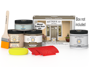 Wooden door refinishing kit with paint cans, brush, and sandpaper on a white background