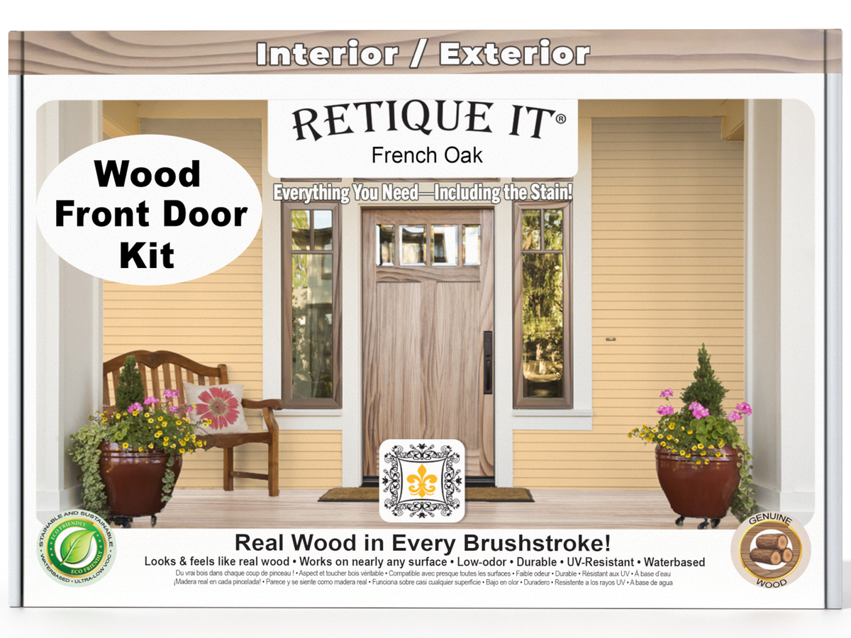 Retique It® Wood'n Finish French Oak front door stain kit with natural wood grain finish and detailed packaging.